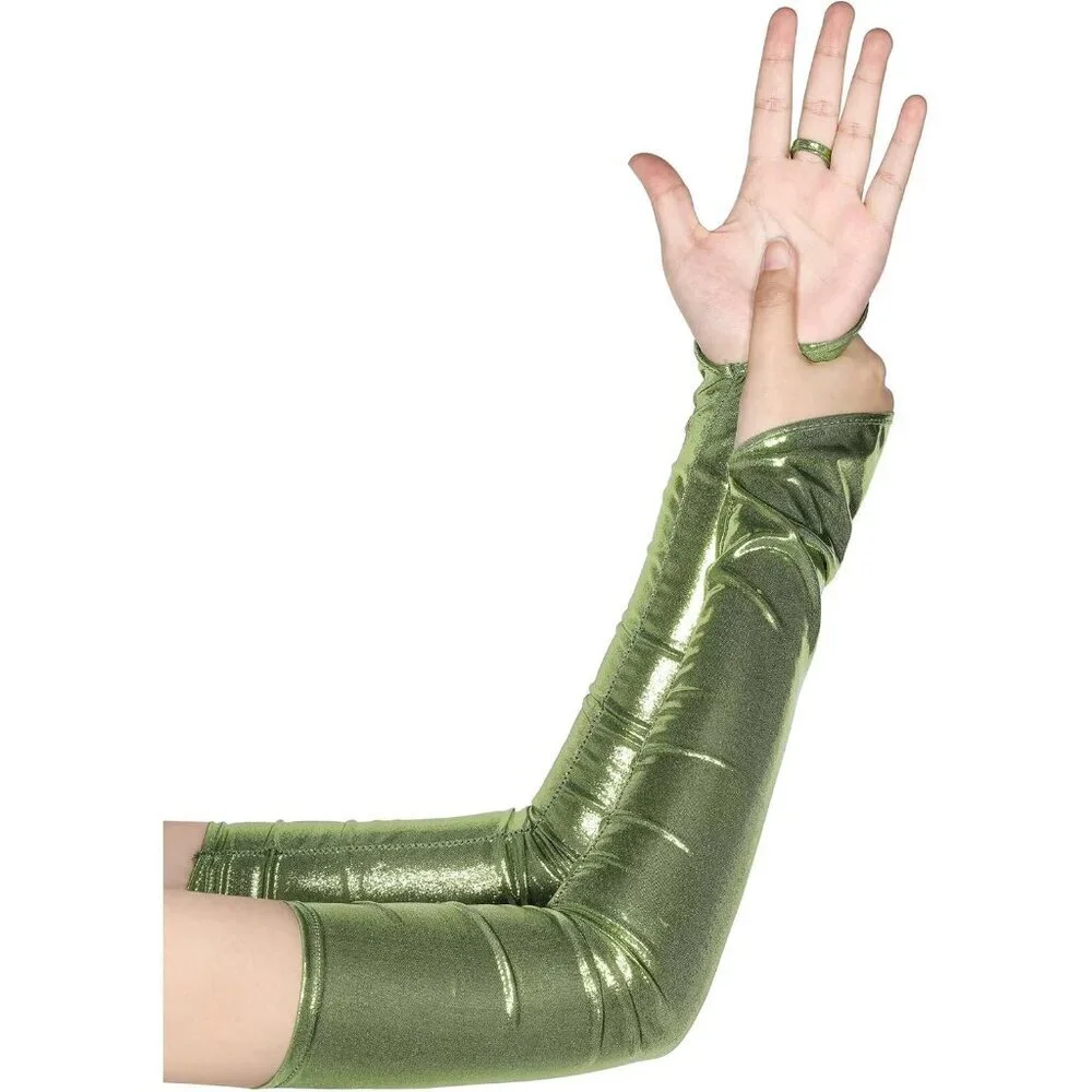 Women's Green Shiny Elastic Satin Rave Fingerless Long Gloves Party Costume